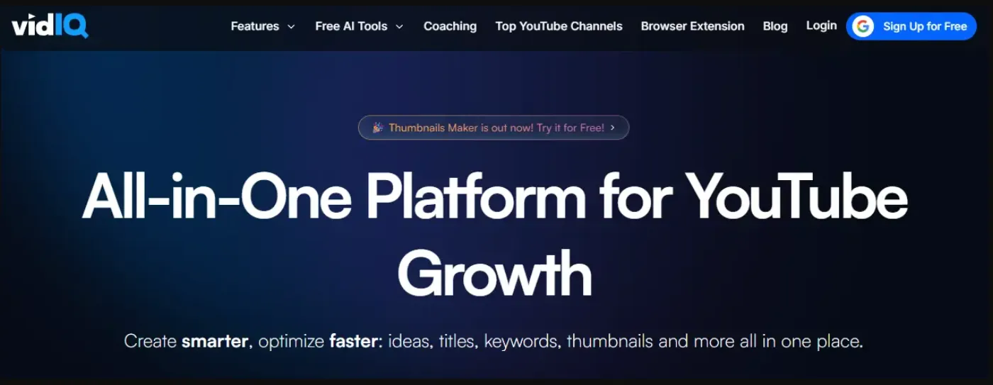 vidIQ homepage: all-in-one platform for YouTube growth