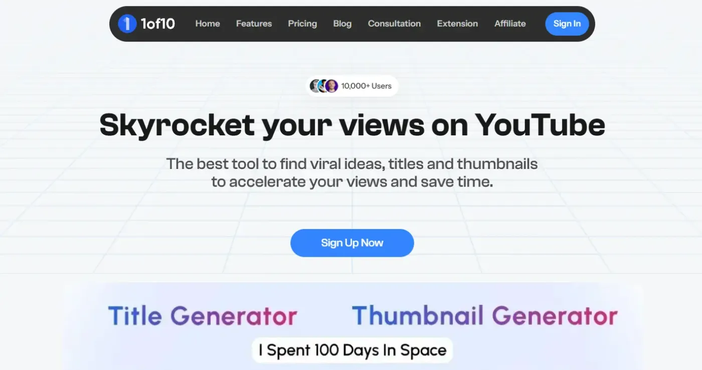 1of10 homepage with title and thumbnail generators