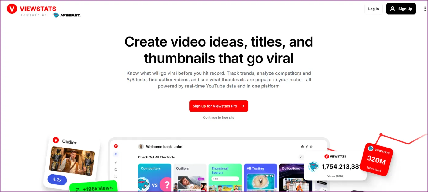 ViewStats homepage: create video ideas, titles and thumbnails