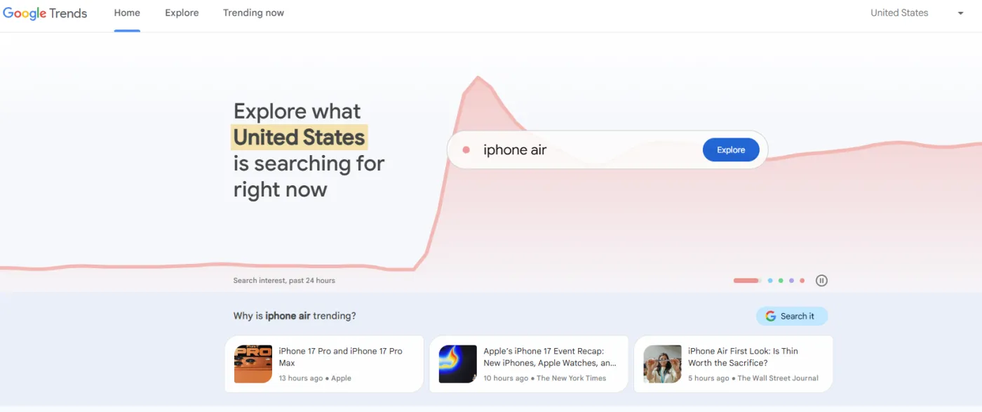 Google Trends homepage with a trending search