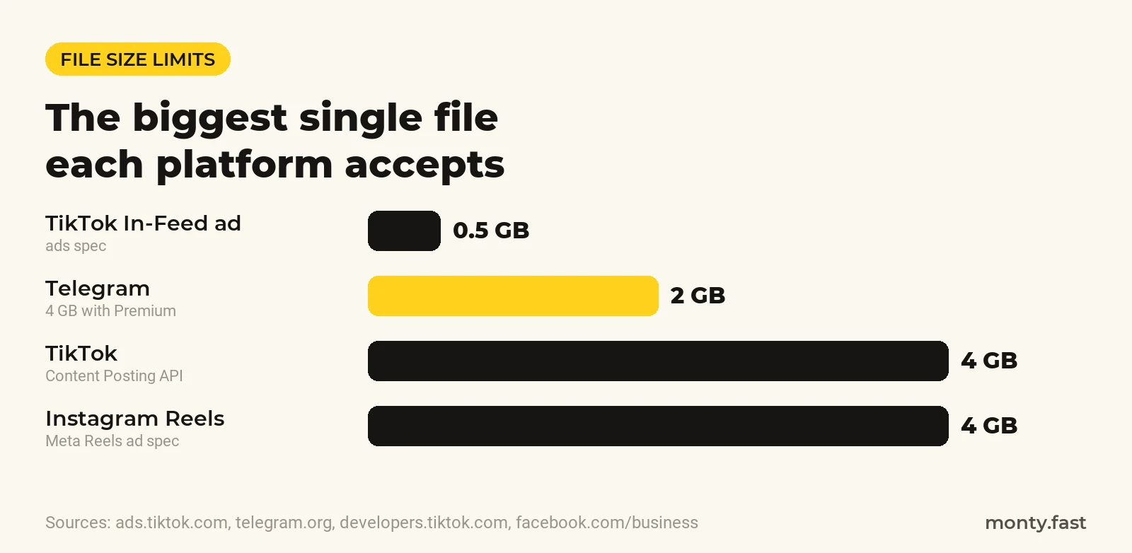 File size limits: TikTok In-Feed ad 0.5 GB, Telegram 2 GB, TikTok 4 GB, Instagram Reels 4 GB